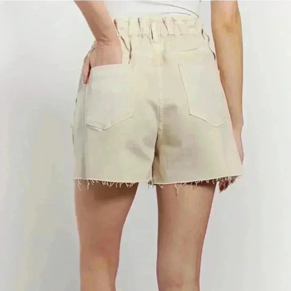 OAT New York High Waist Slouchy Denim Shorts XL Beige Elastic Waist Raw Hem‎ NWT